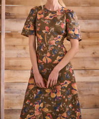HUNTER BELL Casey Short Sleeve Midi Dress in olive floral - women's dress - detail view