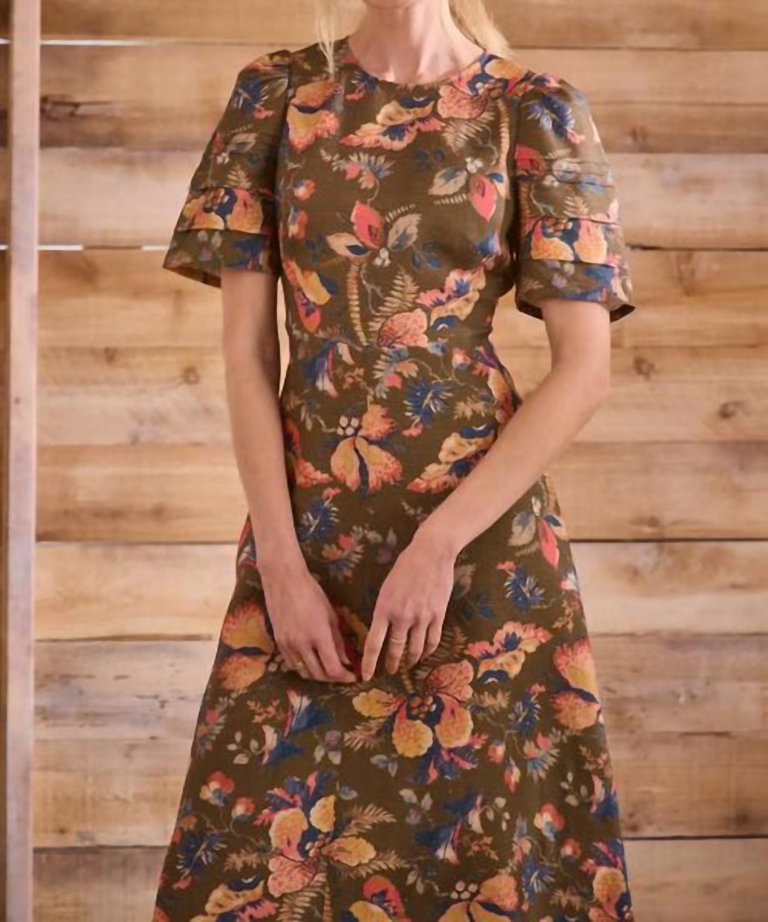 HUNTER BELL Casey Short Sleeve Midi Dress in olive floral - women's dress - detail view