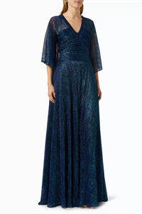 Talbot Runhof - Hottie Metallic Voile 3/4 Sleeve V Neck Gown