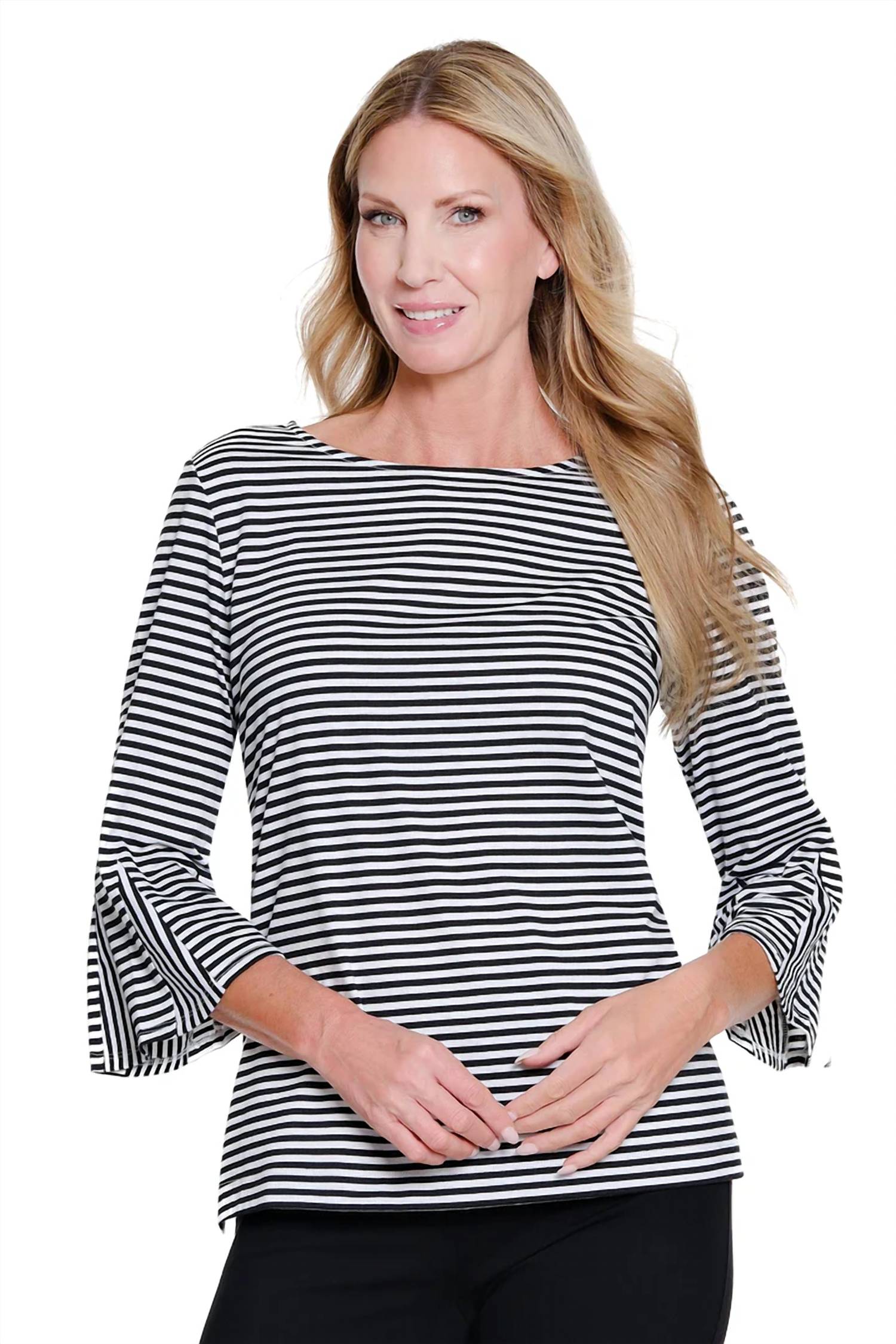 Multiples - 3/4 Flounce and Godet Sleeve Boat Neck Top