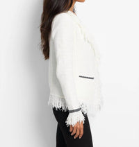 Nic + Zoe Sonia Statement Fringe Mix Knit Jacket in classic cream - women's jacket - detail view