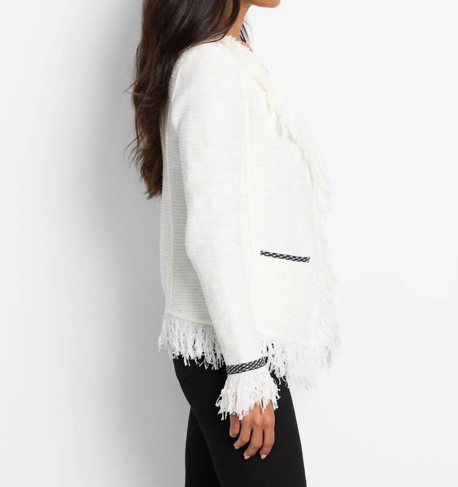 Nic + Zoe Sonia Statement Fringe Mix Knit Jacket in classic cream - women's jacket - detail view