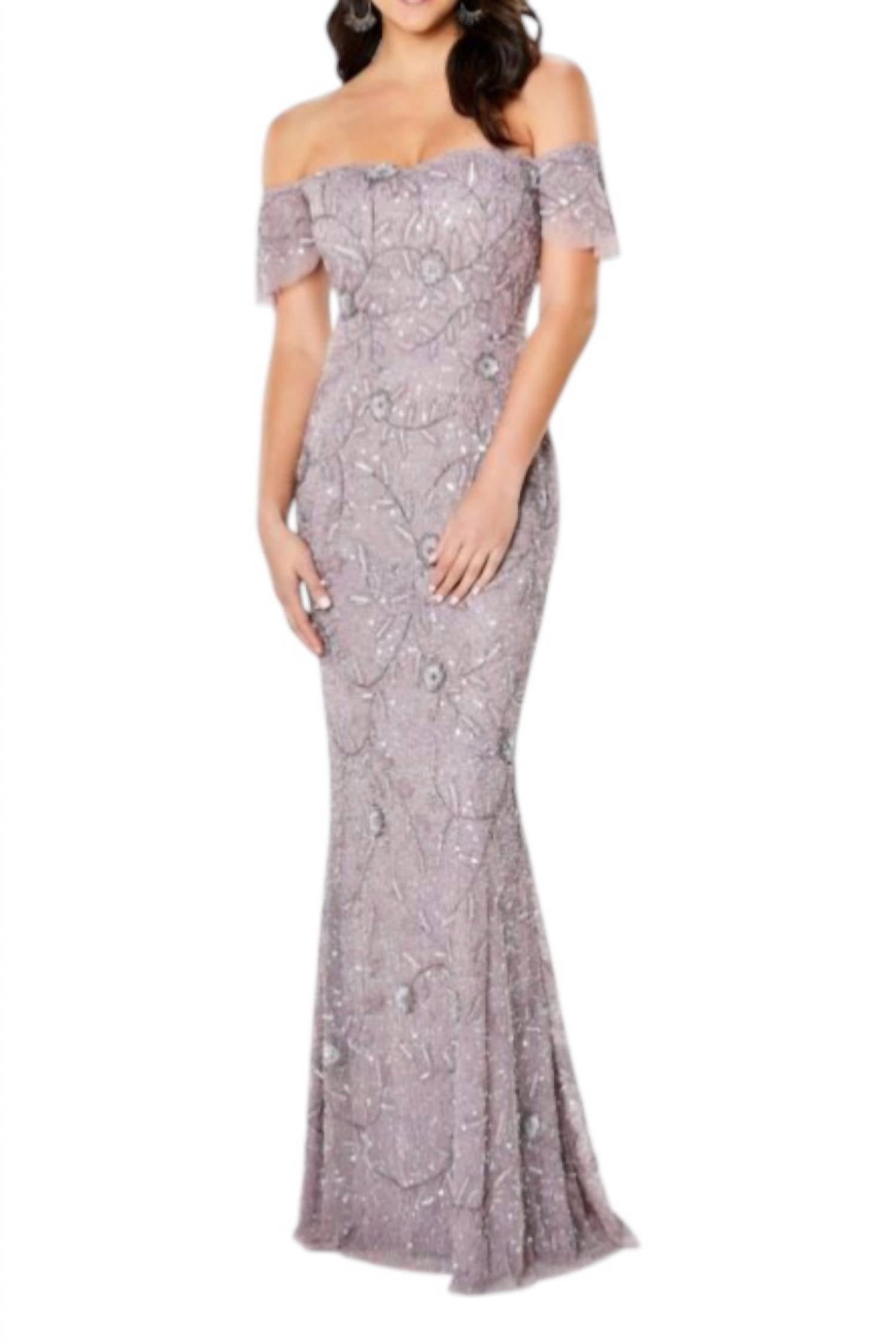 Montage by Mon Cheri Beaded Tulle Sheath Dress in lavendar - women's dress - detail view