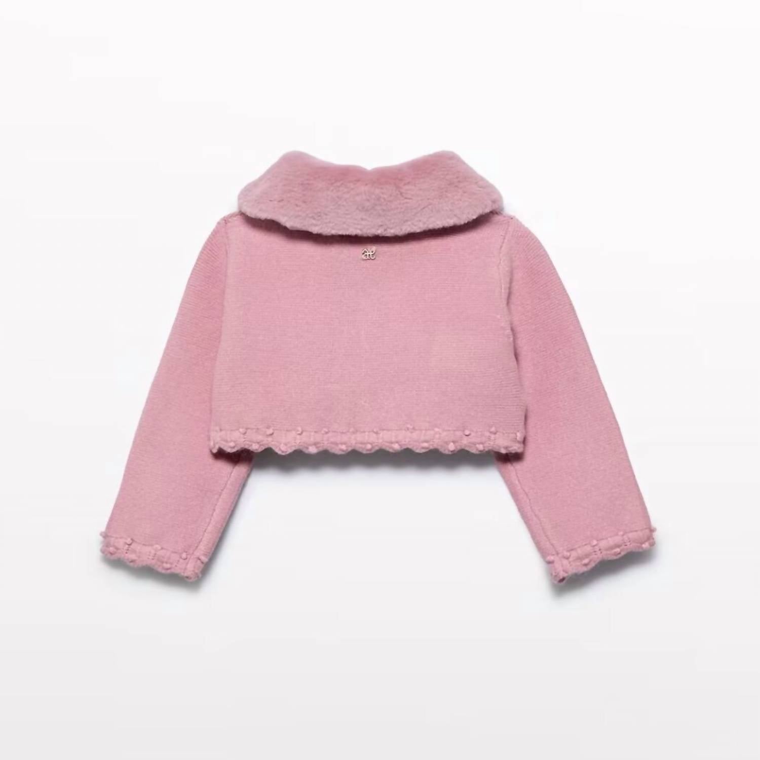 Abel & Lula Baby Girls Faux Fur Collar Cardigan in pink - kids' sweater - detail view