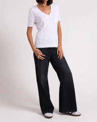 Minnie Rose - Cotton Frayed Cable V-Neck Tee