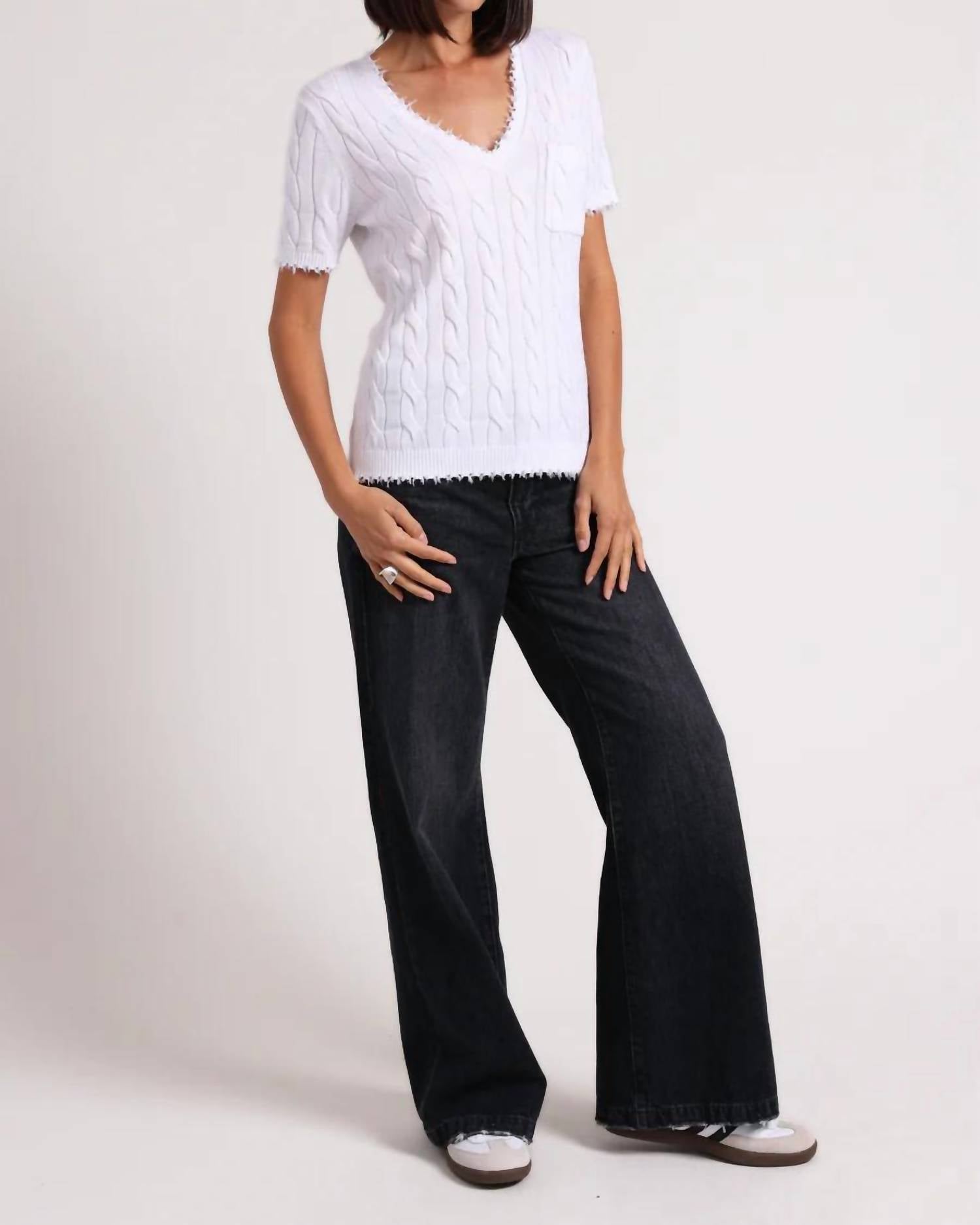 Minnie Rose - Cotton Frayed Cable V-Neck Tee