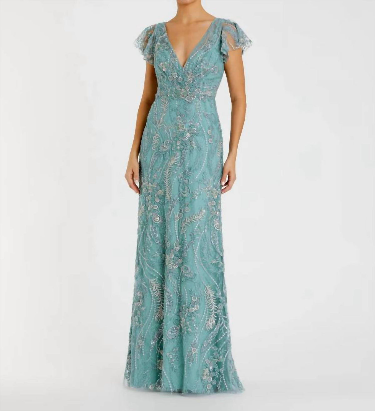 Mac Duggal - V Neck Flutter Sleeve Embroidered Lace Gown