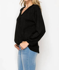 Joh long sleeve suede top in black - women's blouse - detail view