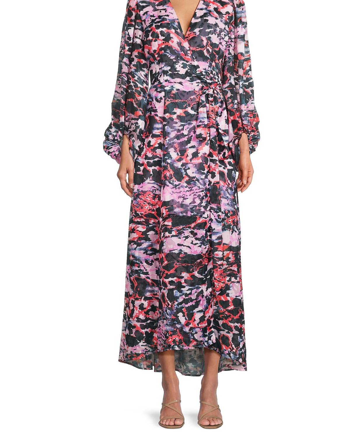 Hutch - Flowing Long Sleeve Chiffon Wrap Midi Dress