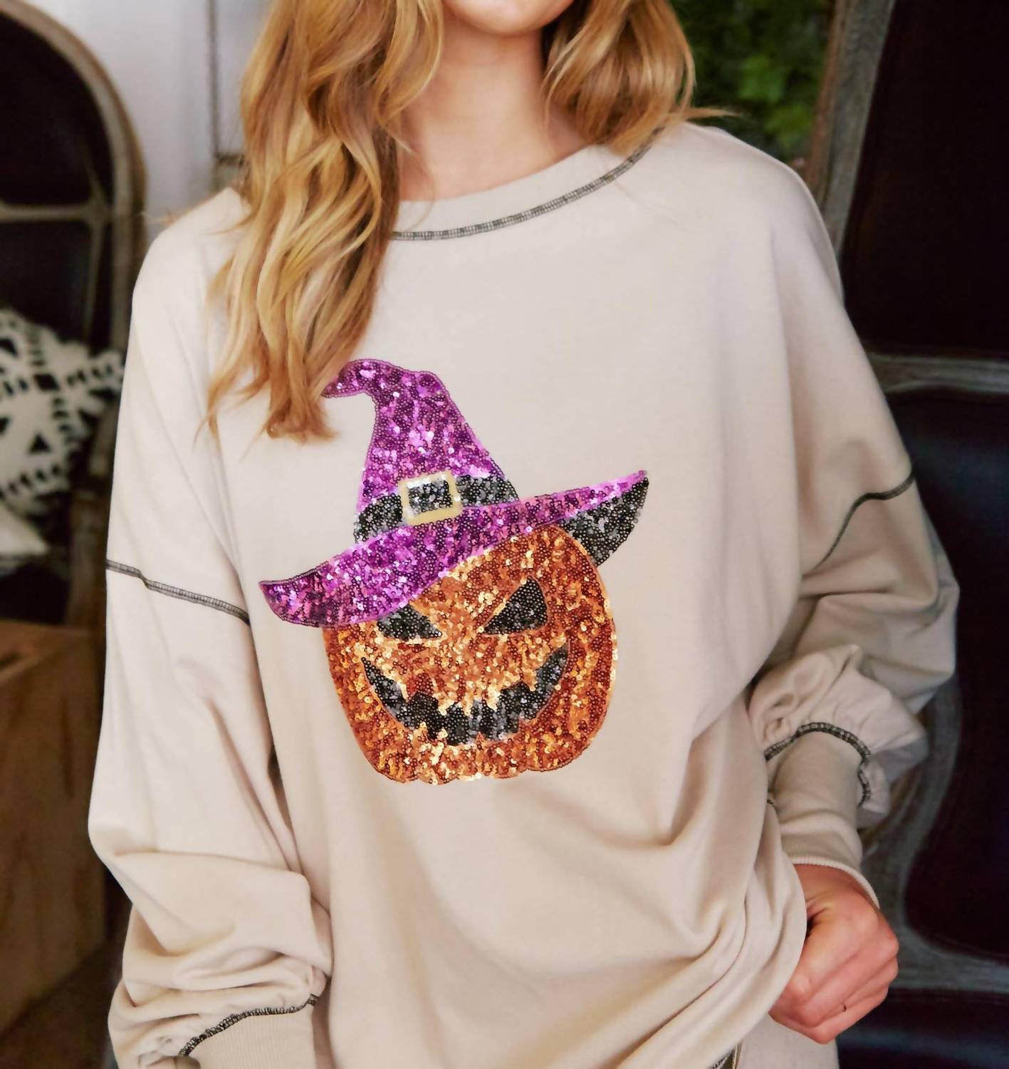Fantastic Fawn - Sequin Halloween Pumpkin Patch Knit Sweatshirt