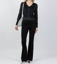 Kinross Shimmer Button Front Vee Cardigan in black - women's cardigan - detail view