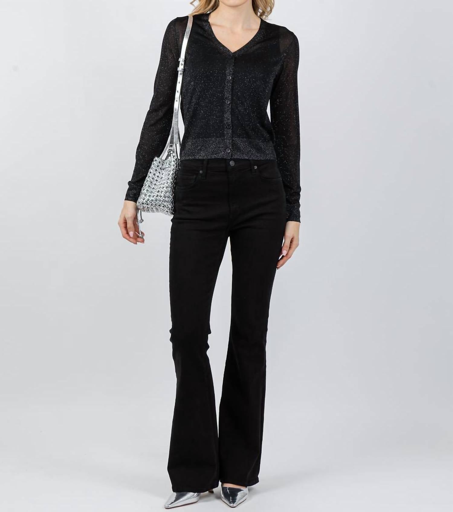 Kinross Shimmer Button Front Vee Cardigan in black - women's cardigan - detail view