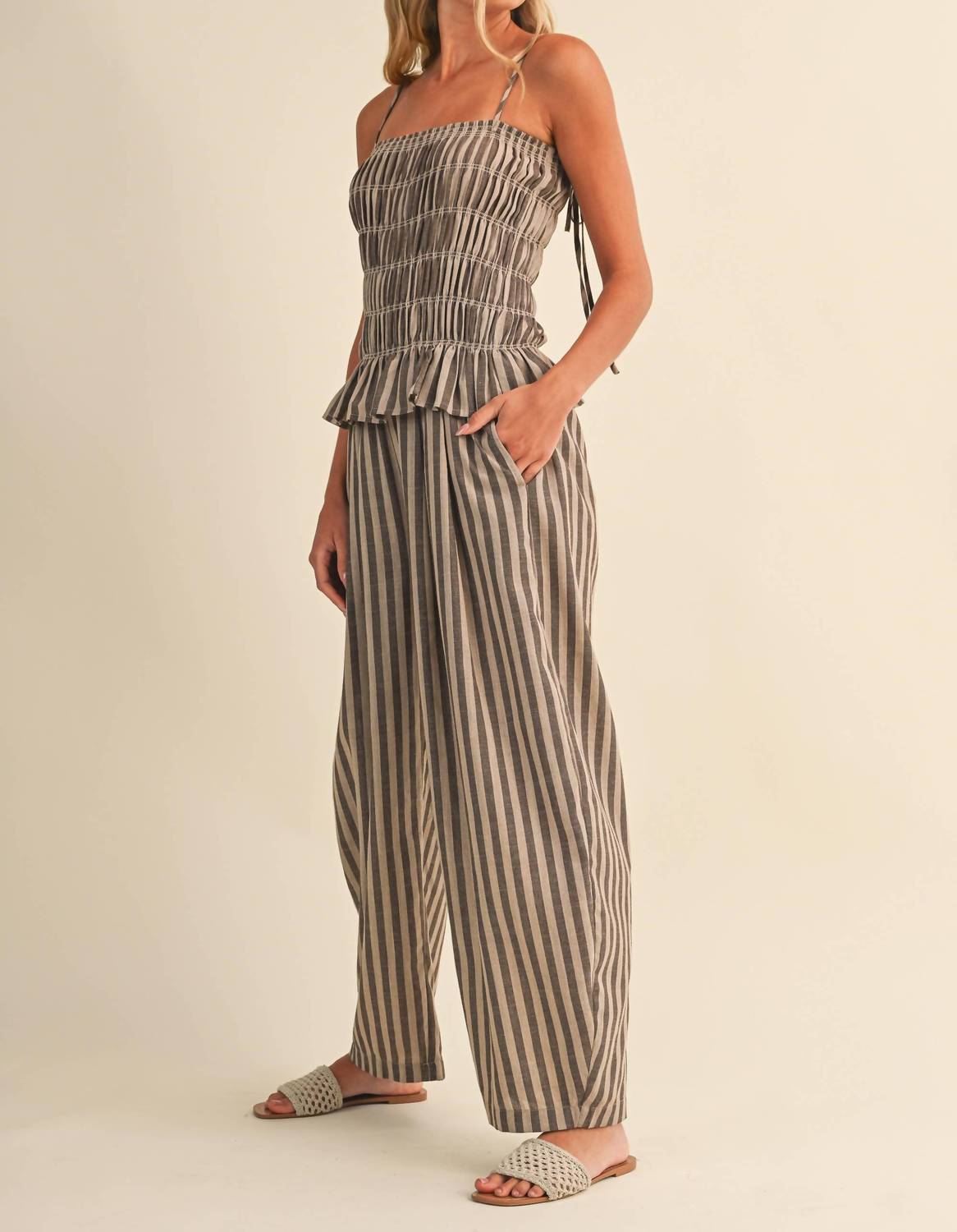 Klesis - Striped Ruffled Hem Wide Leg Jumpsuit