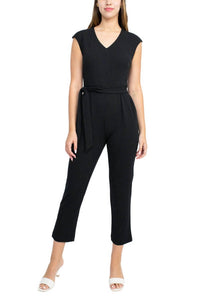 Nine West - V-neck Sleeveless Tie Waist Solid Crepe Jumpsuit