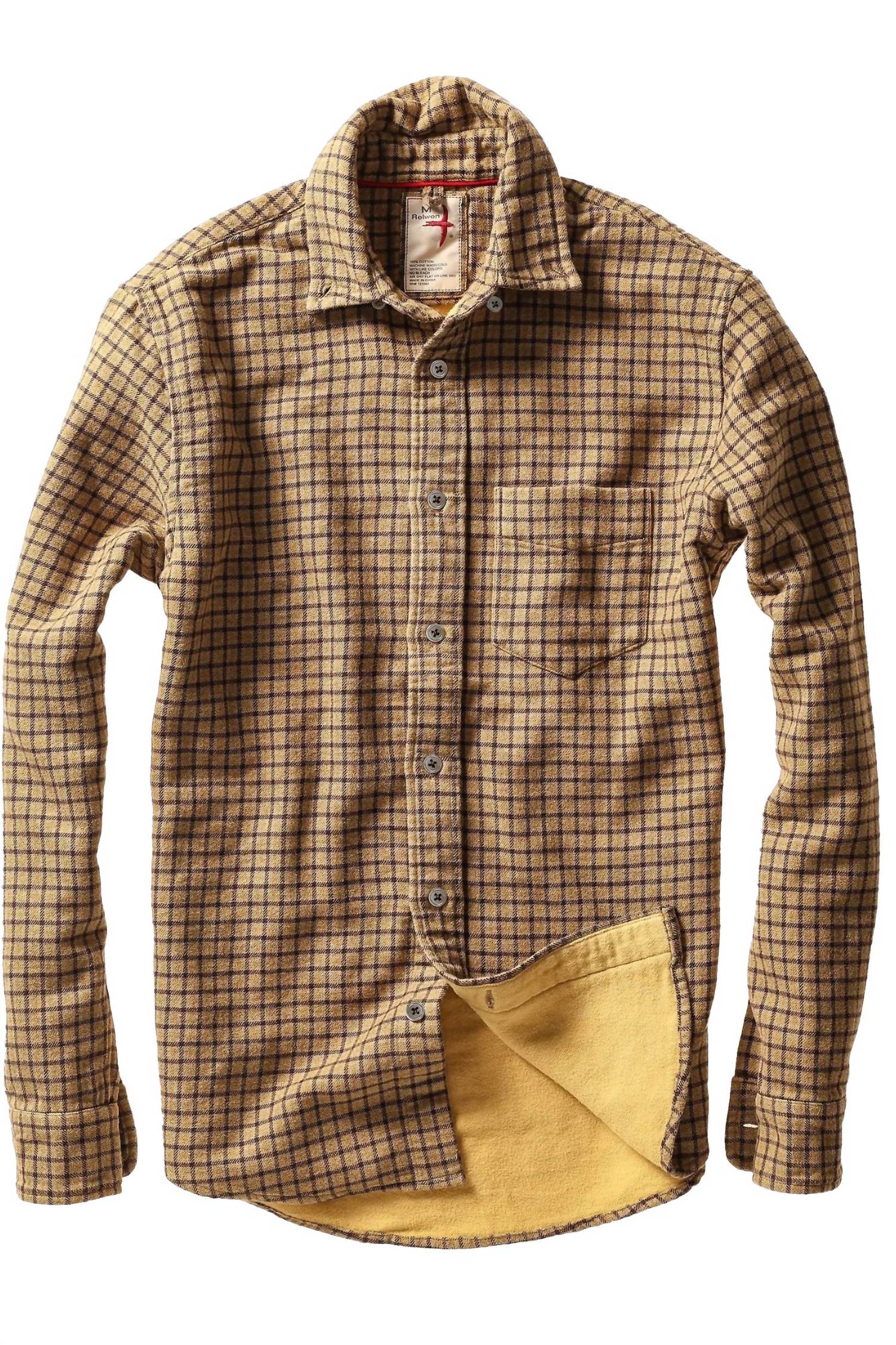 Relwen Men's Chamois-lined Flannel Shirt in gold tweed guncheck - men's shirt