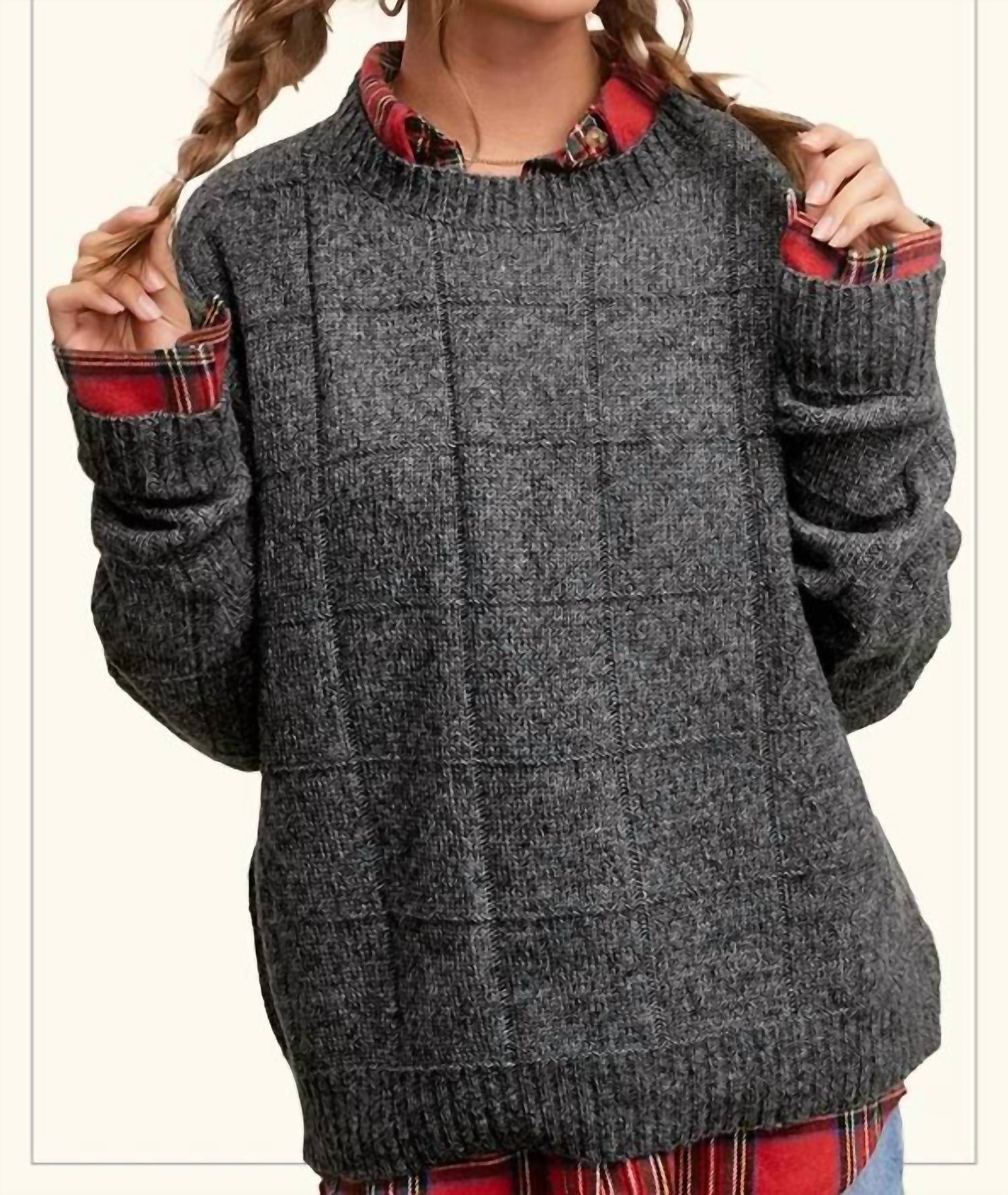 La Miel - Loose Fit Windowpane Two Tone Sweater