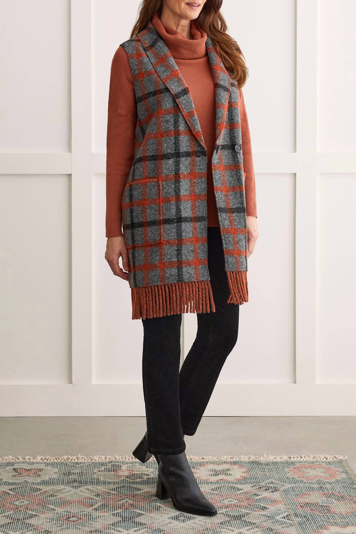 Tribal - Plaid Fringed Long Vest