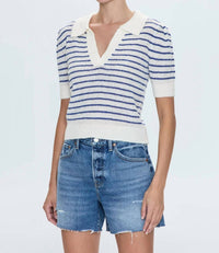 PISTOLA Billie Pleat Short Sleeve Top in navy blue and white striped - women's t-shirt - alternate view