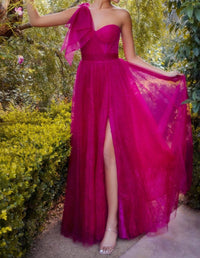 Ladivine One Shoulder Chantilly Lace Gown in magenta - women's dress