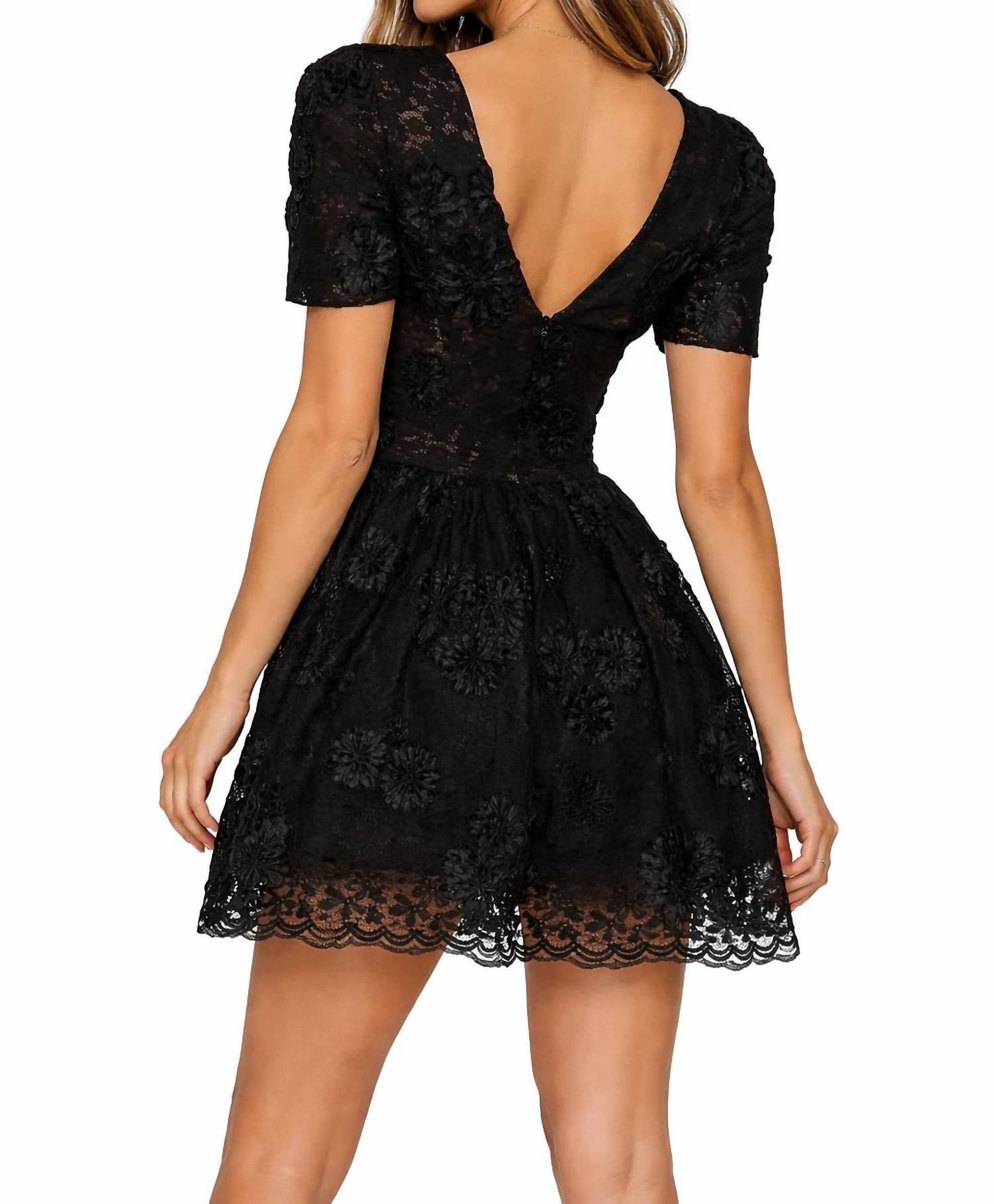 DRESS THE POPULATION Lace Floral Appliqué Fit & Flare Mini Dress in black - women's dress - alternate view