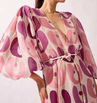 Adriana Degreas - Bold Floral Deep V Neck Puff Sleeve Maxi Dress