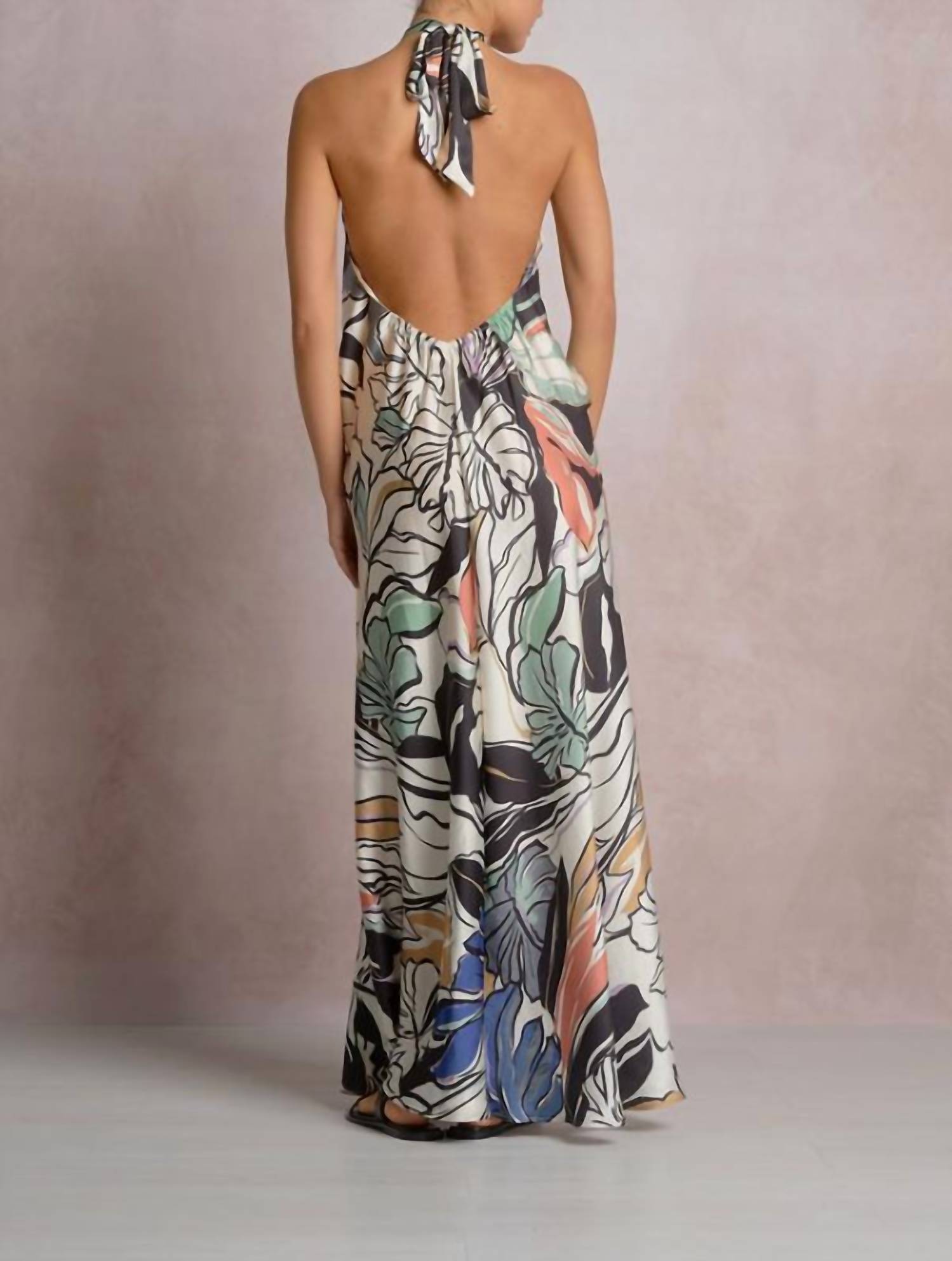 ELAN Botanical Halter Maxi Dress in blue floral - women's dress - alternate view