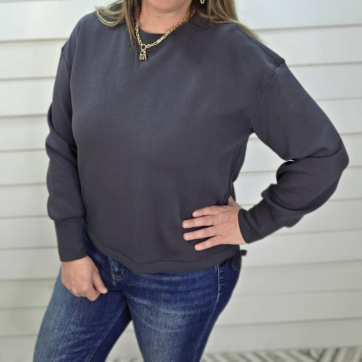 Keren Hart Scuba Pullover Sweater With Side Ties in charcoal - women's sweater
