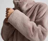 BEYOND YOGA On The List Plush Faux Fur Jacket in oat latte - women's jacket - detail view