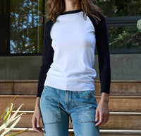 NSF Aria Fitted Baby Rib Raglan Tee in white black - women's long sleeve top