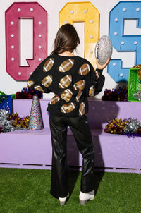 QUEEN OF SPARKLES Rhinestone Lace Football Sweatshirt in black gold - women's top - view 4