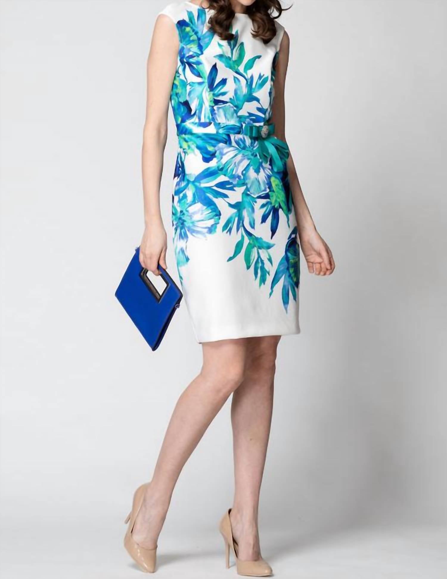 Joseph Ribkoff Floral Mini Dress in white blue - women's dress - detail view