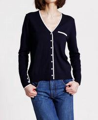 Minnie Rose V Neck Long Sleeve Cardigan With Tipping in navy - women's cardigan