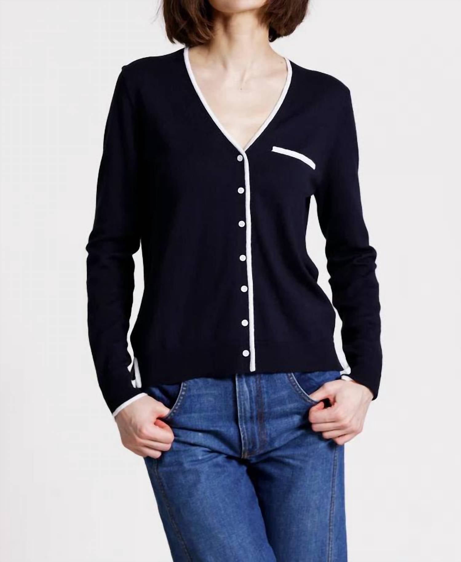 Minnie Rose V Neck Long Sleeve Cardigan With Tipping in navy - women's cardigan