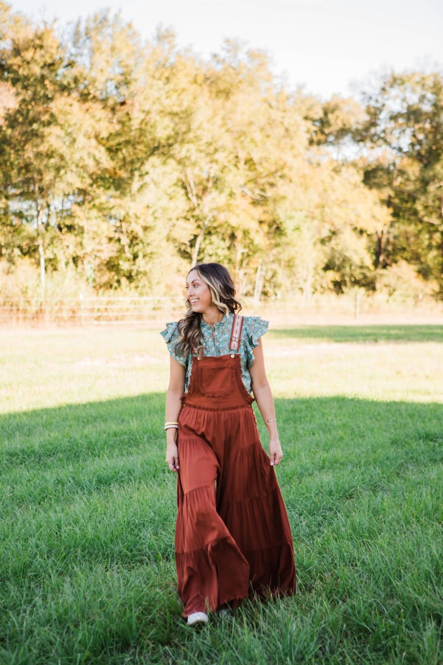 ee:some Nash Lace Trim Jumpsuit in cinnamon - women's pants - detail view