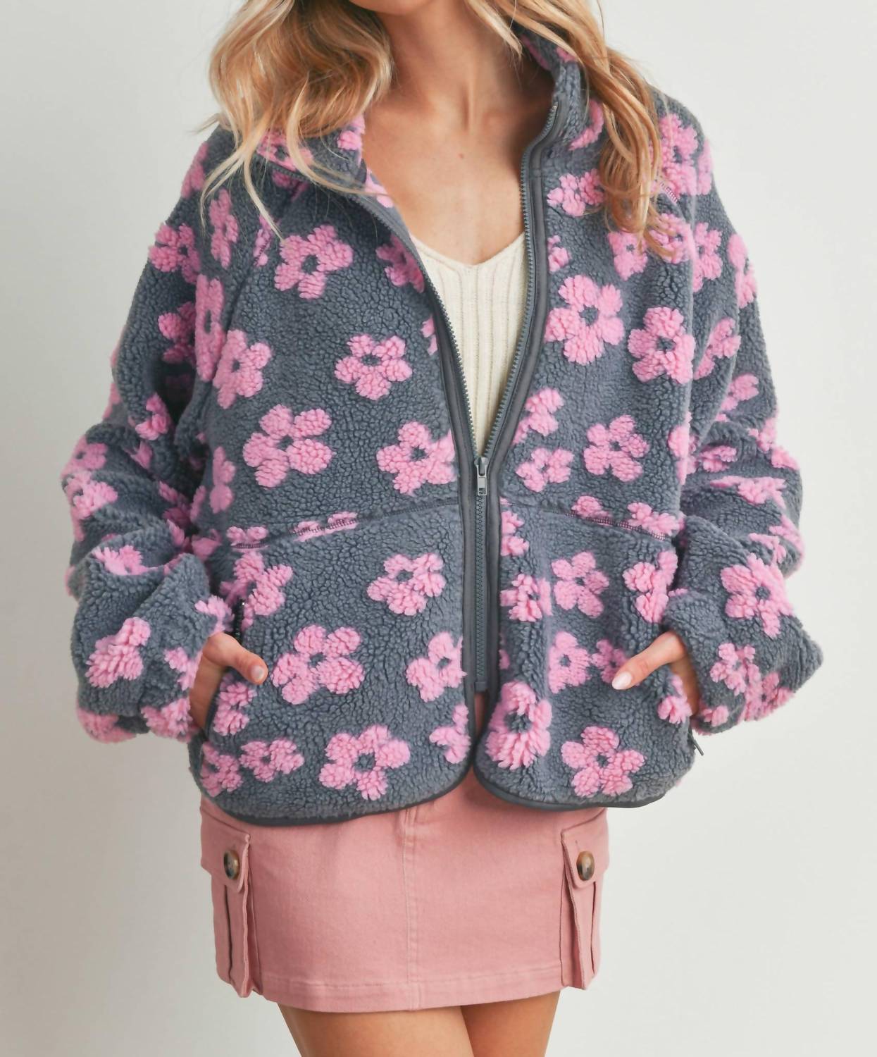 Buttermelon Daisy Fleece Sherpa Jacket in grey pink - women's jacket