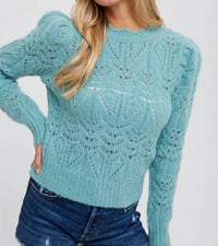 BluIvy Puff Sleeve Pointelle Pullover in mint - women's sweater - detail view