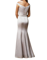 Belsoie - Long Off-the-Shoulder Marquis Satin Bridesmaid Dress