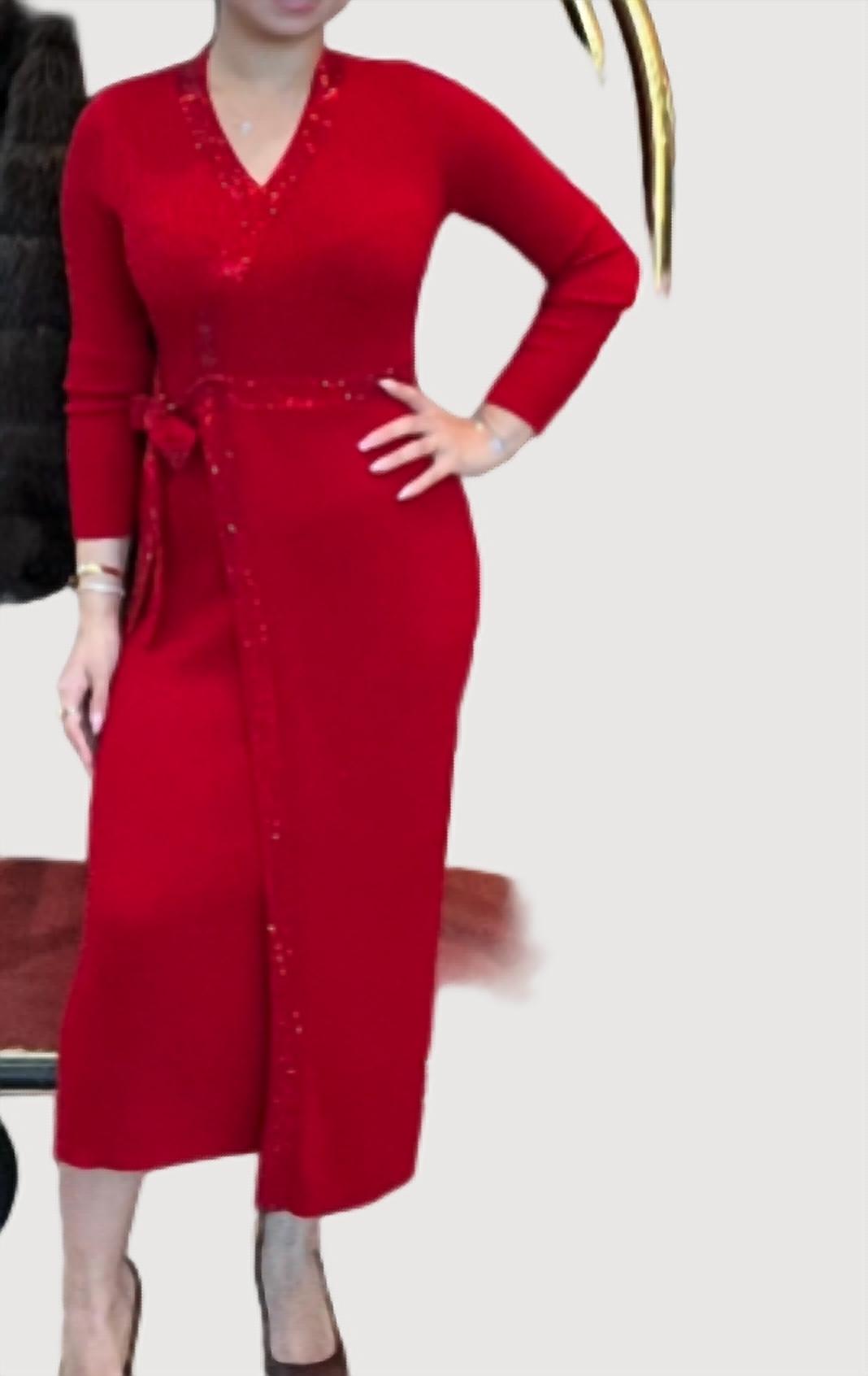 Jessie Liu - Rib Knit Wrapped Dress with Rhinestone Trim
