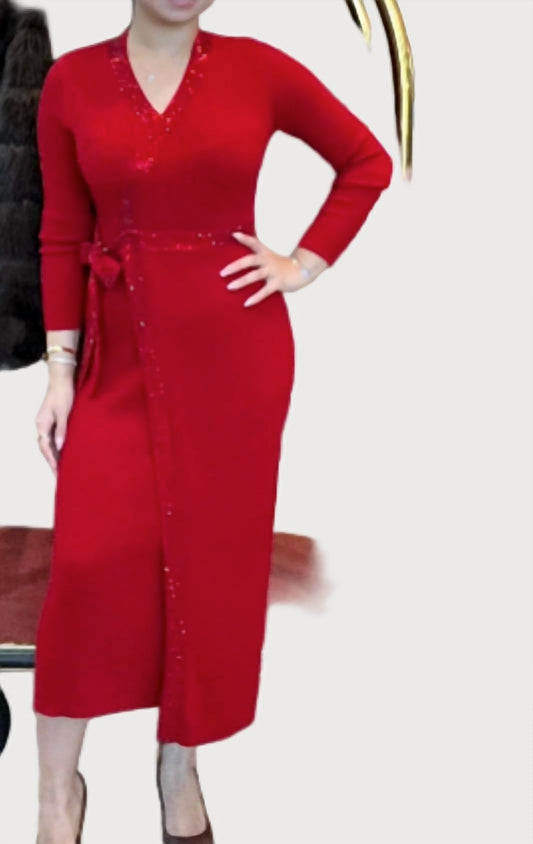 Jessie Liu - Rib Knit Wrapped Dress with Rhinestone Trim