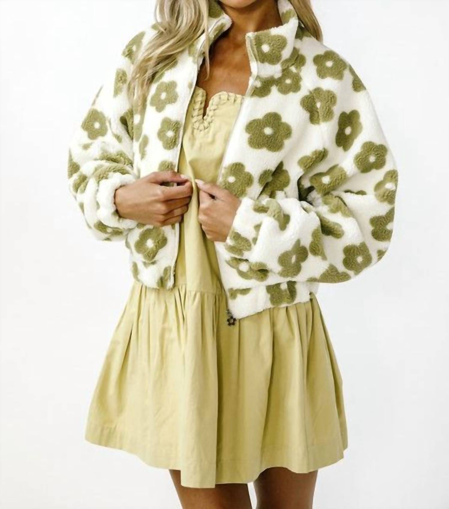HYFVE Cropped Daisy Print Sherpa Jacket in green floral pattern - women's jacket