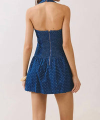 Tcec - Denim Polka Dot Back Smocked Halter Mini Dress