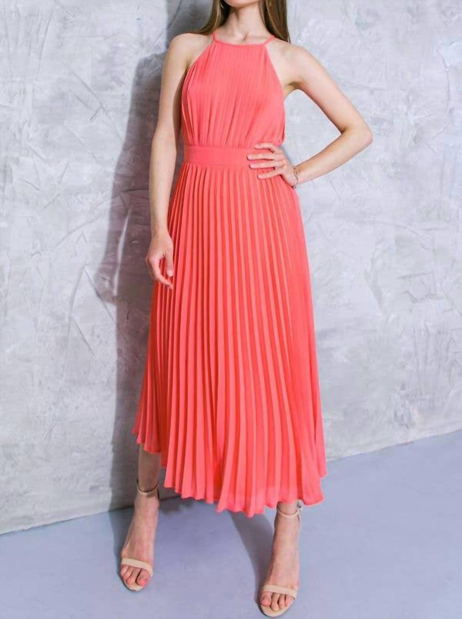 Flying Tomato - High Neck Pleated Midi Dress