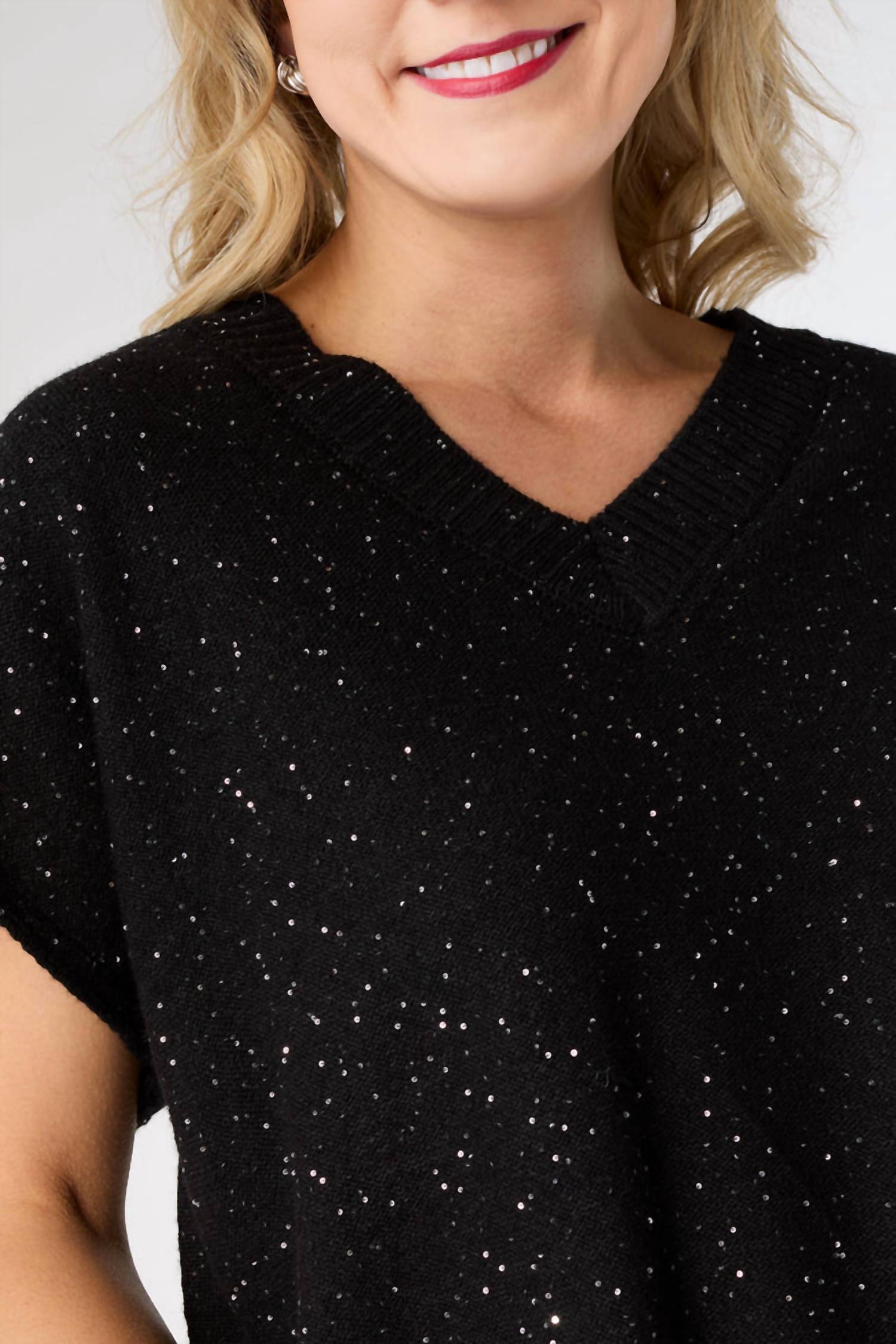 COCO + CARMEN Janece Sparkle V-Neck Cap Sleeve Sweater in black - women's sweater - view 4