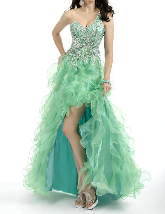 Rachel Allan - Heavily Beaded One Shoulder Ruffled Gown