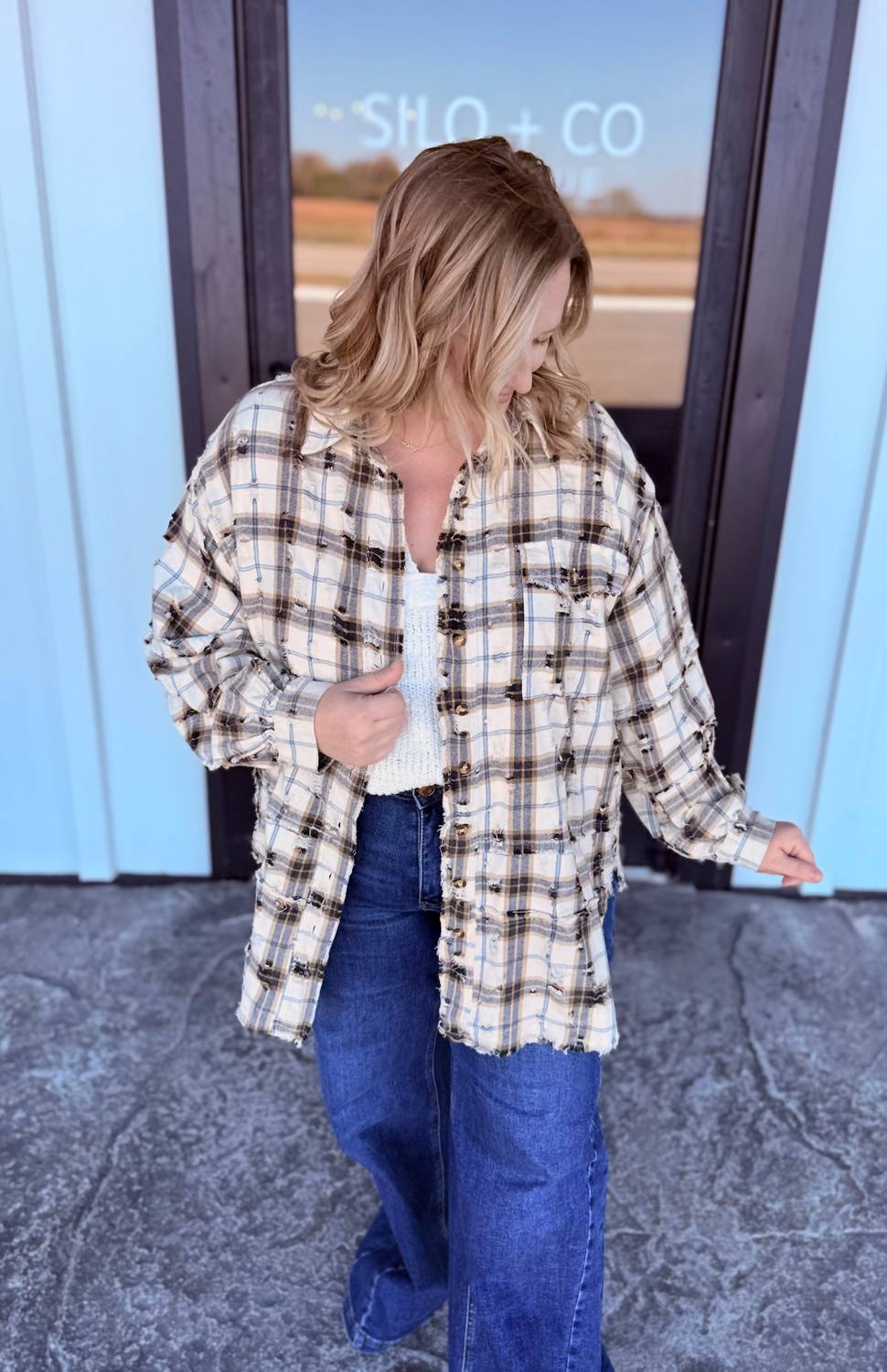 Easel Oversized Distressed Flannel Shirt in ecru - women's shirt - alternate view