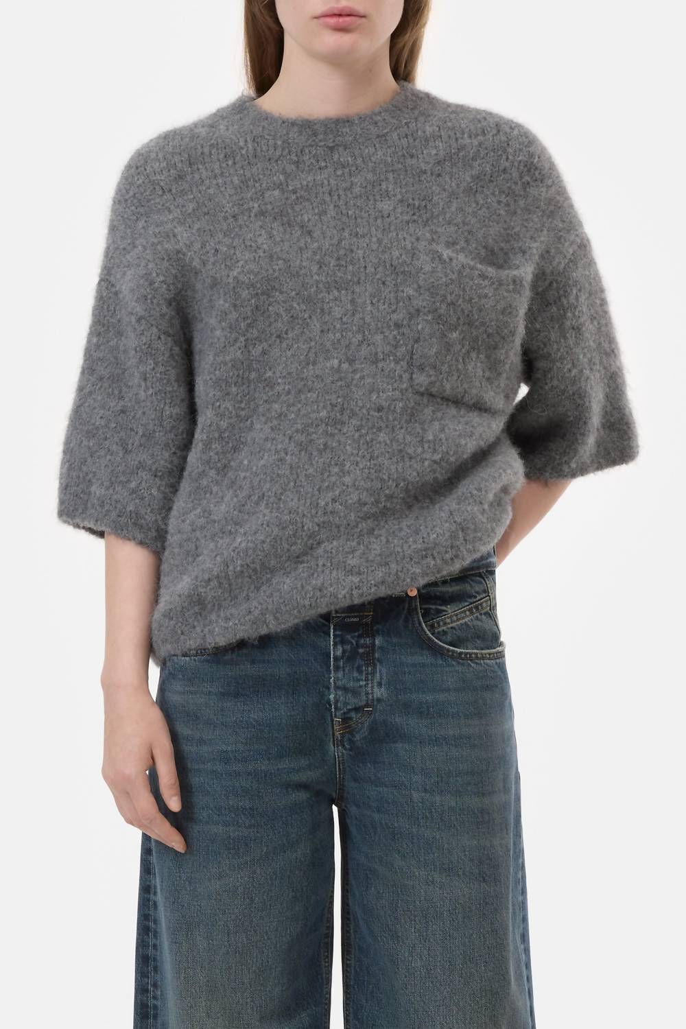 CLOSED Short-sleeved Alpaca Sweater in dark grey melange - women's sweater - detail view