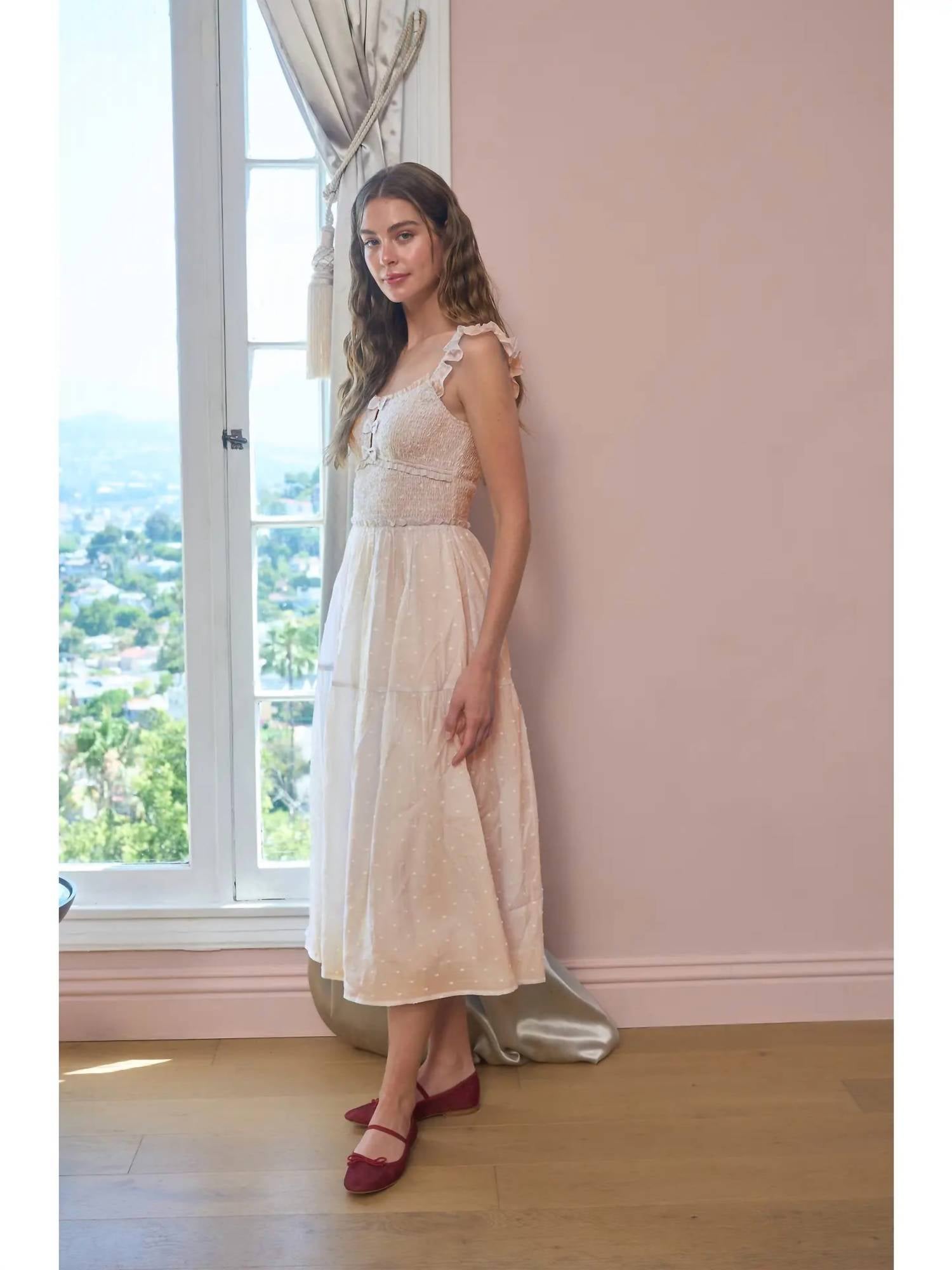 Moon River - Clip Dot Ruffle Detail Smocked Midi Dress