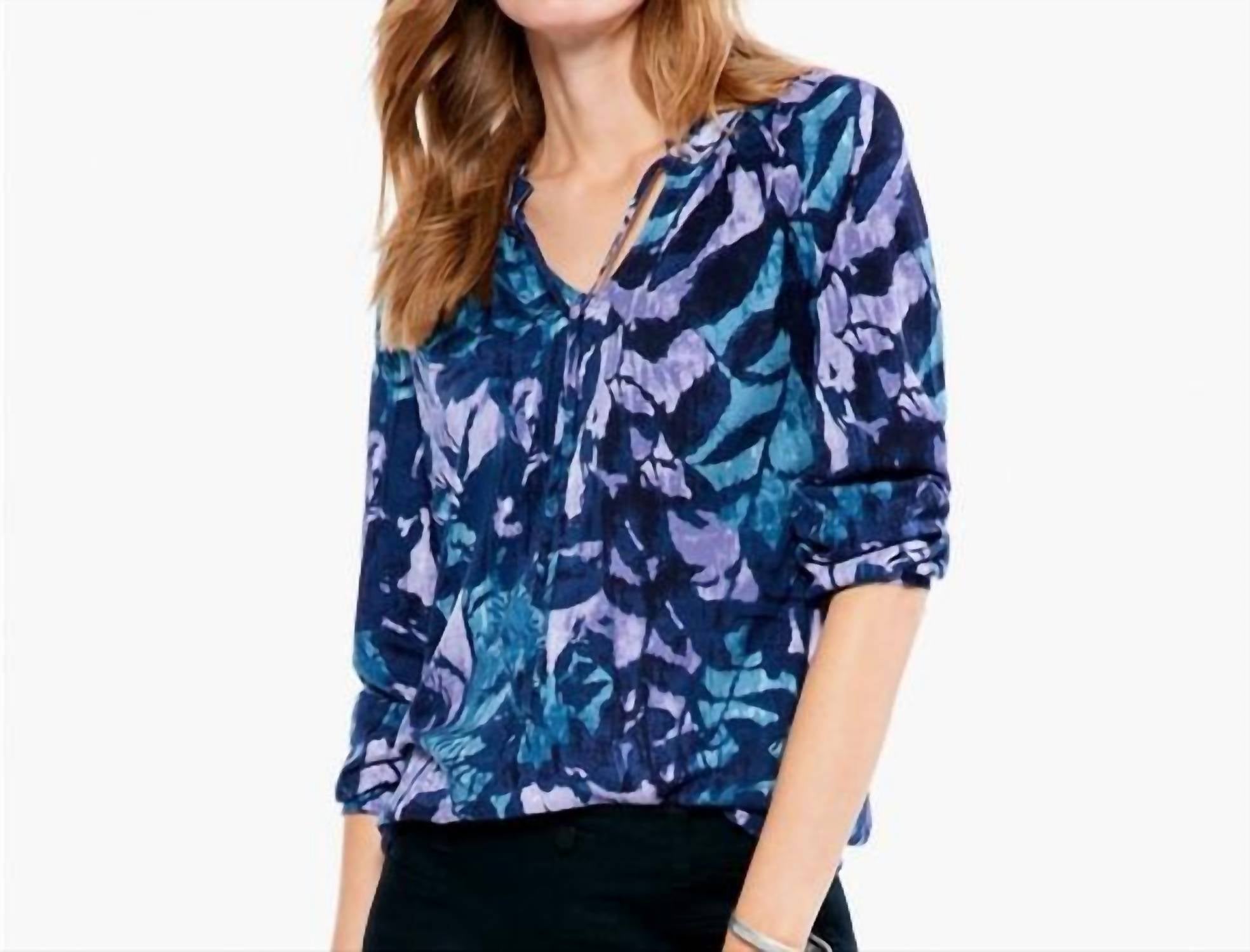 Nic + Zoe - Tie Neck Long Sleeve Indigo Vines Live In Top Blouse