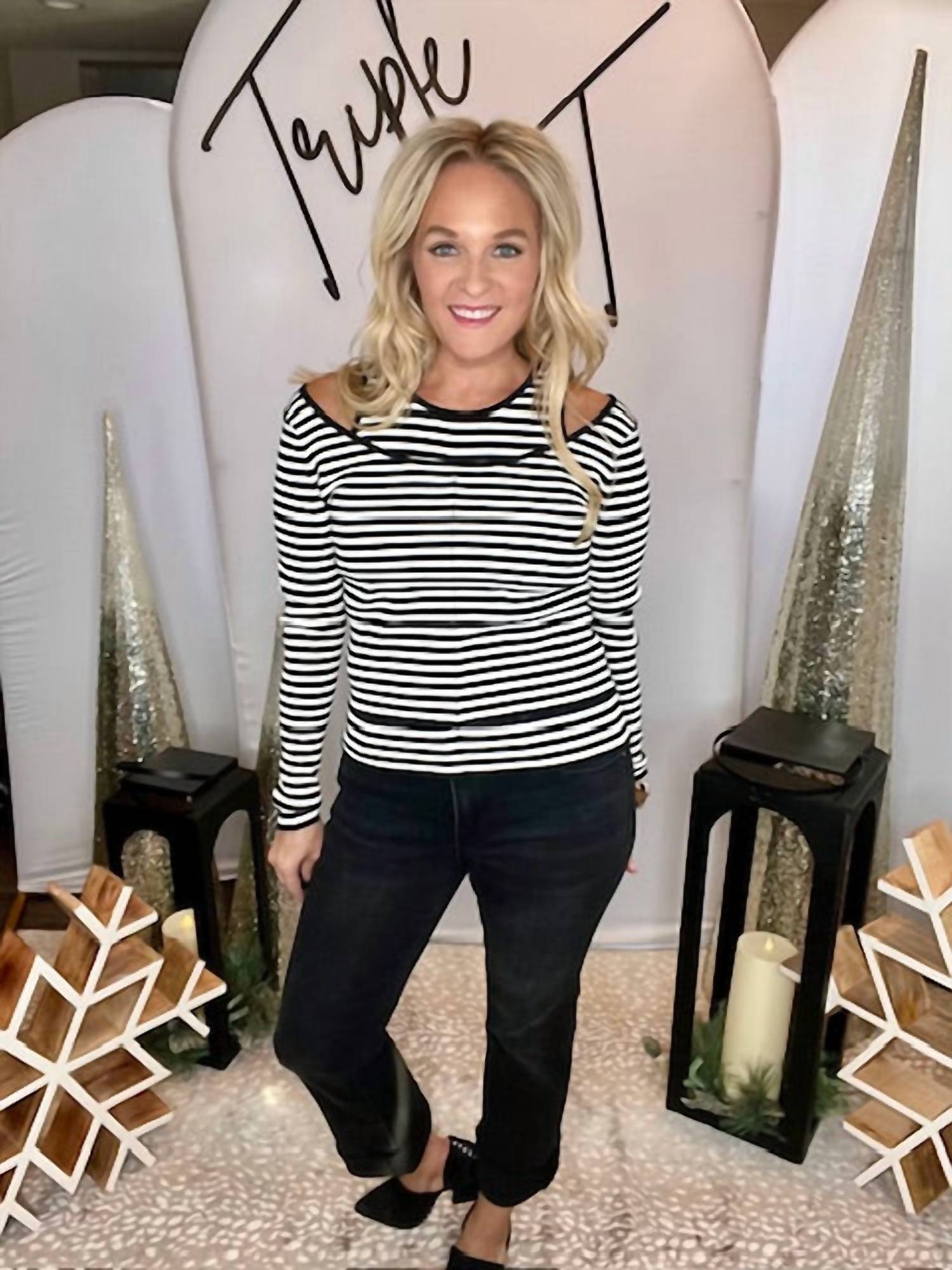 Heyson - Double Layer Striped Cold Shoulder Top