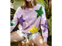 BiBi Sequin Velvet Star Patches Mardi Gras Sweater in lavender - women's sweater - detail view